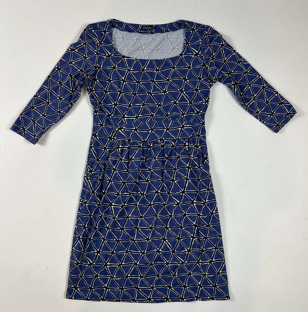 J. McLaughlin Blue Geometric Print 3/4 Sleeve Pocket Dress Size XS